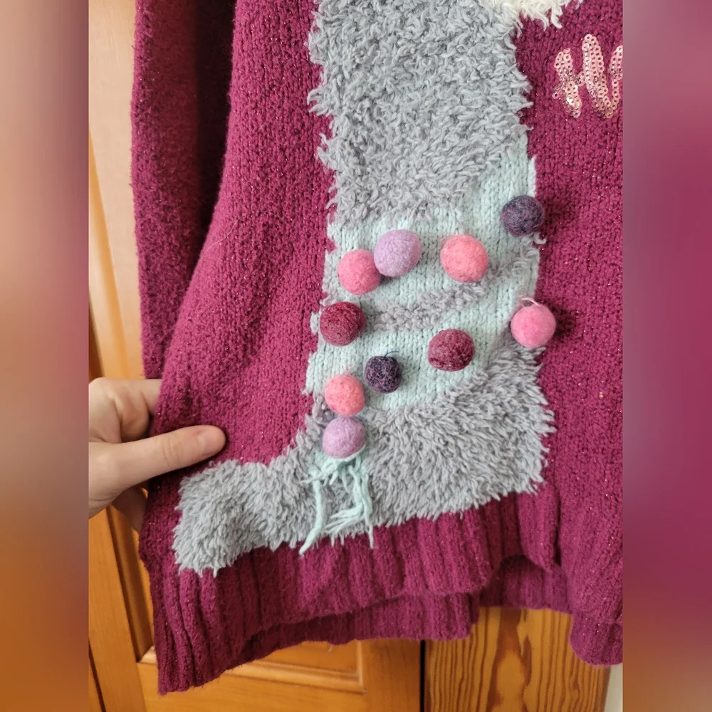 Justice Burgundy Maroon Fuzzy Knit Llama Tunic Sweater with Pom Poms 8